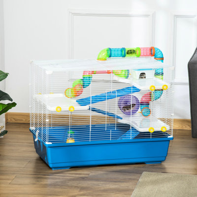 Cage à hamster 31 "avec tubes et tunnels - 4 poignées portatives en métal pour petits animaux, conçues pour les hamsters, bouteille d'eau, plat de nourriture, roue d'exercice et boîte