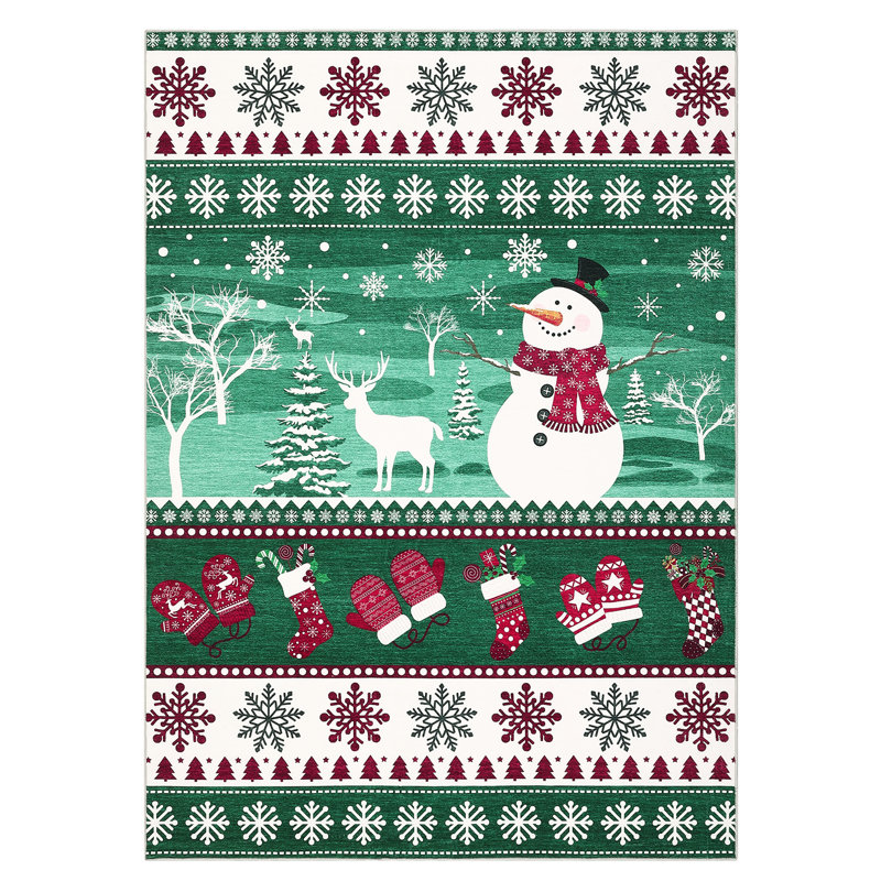 Machine Washable Area Rug Christmas Holiday Rugs Non Slip Santa & Reindeer Xmas Carpet Low Pile Non Shedding Floor Covers for Living Room Bedroom Playroom Nursery