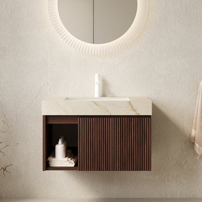Meuble-lavabo de salle de bain 30 po EIDEN, meuble de rangement flottant, plateau en pierre frittée crème et vasque en céramique avec 1 trou de robinet pré-percé, démonté, sans robinet et ensemble de drain, couleur grain de bois noyer