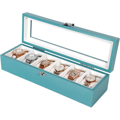 Boîte à montres, écrin pour montres homme et femme avec grand couvercle en verre, coffret de rangement en bois avec 6 emplacements, bleu océan, organisateur de montres pour hommes