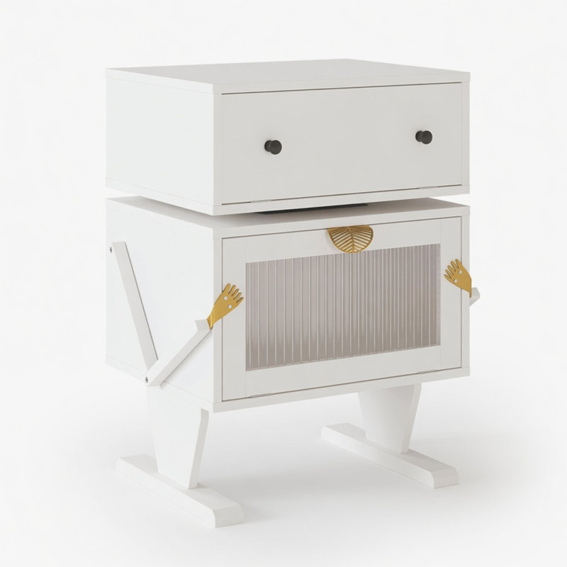 20.7" Robot-Shaped LED End Table with Rotating Drawer and Storage Cabinet, White
