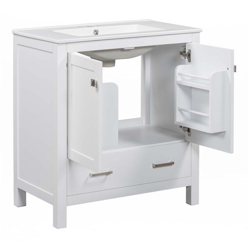 Meuble-lavabo 30 po avec lavabo simple, Blanc, Argent argent