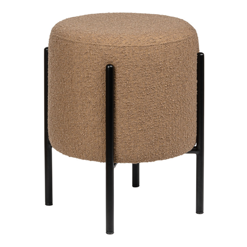 Silvia Mid-Century Brown Bouclé Round Vanity Stool, Backless Ottoman with Black Metal Legs for Bedroom, Living Room, 14" x 18.5"