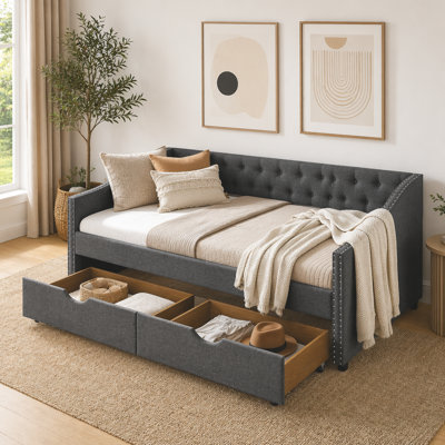 Twin Size Daybed with Drawers Upholstered Tufted Sofa Bed, with Button on Back and Copper Nail