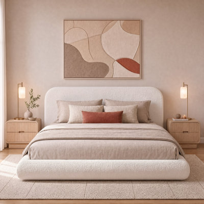 Structure de lit tapissier très grand avec tête de lit en velours courbé, panneaux arqués en mousse entièrement rembourrés, support en métal robuste, aucun sommier tapissier requis, crème