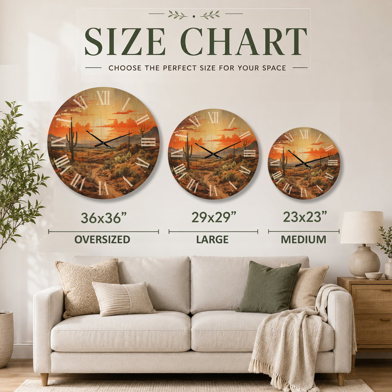 Très grande horloge murale en bois imprimé désert - Silhouette de cactus au lever du soleil, Oversized