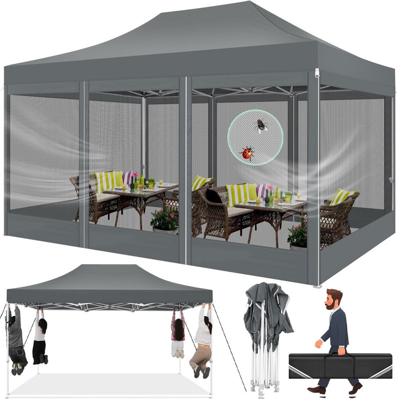 15 Ft. W x 10 Ft. D Metal Pop-up Canopy with 4 sidewalls, Gray