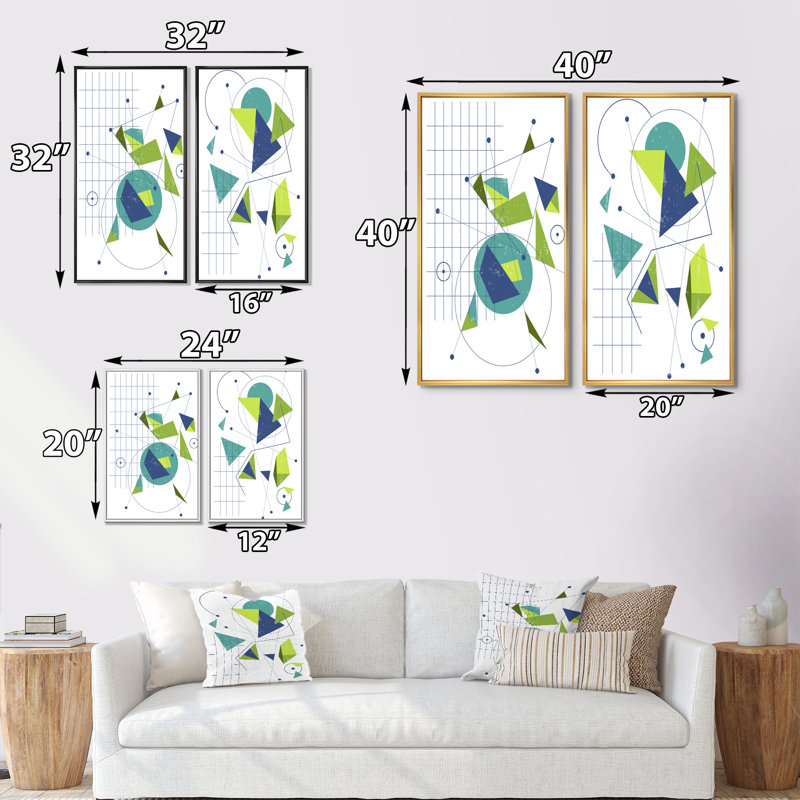 2 pièces, peinture - rétro vert et bleu minimaliste, H 20 po x l 24 po x P 1 po, Toile avec cadre blanc