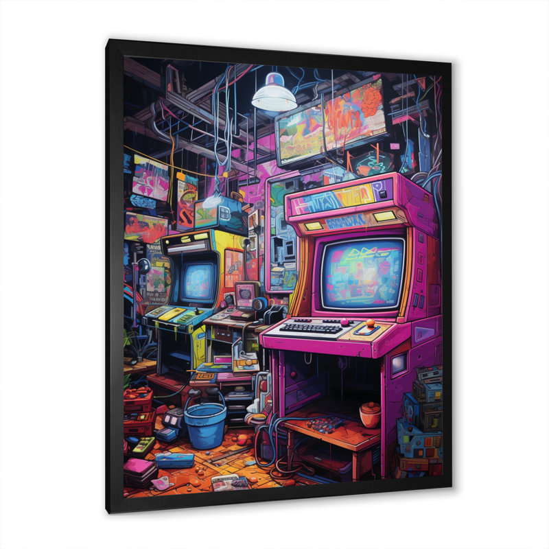 Jeu vidéo mauve bleu rétro, H 40 po x l 30 po x P 1,5 po, Cadre simple noir