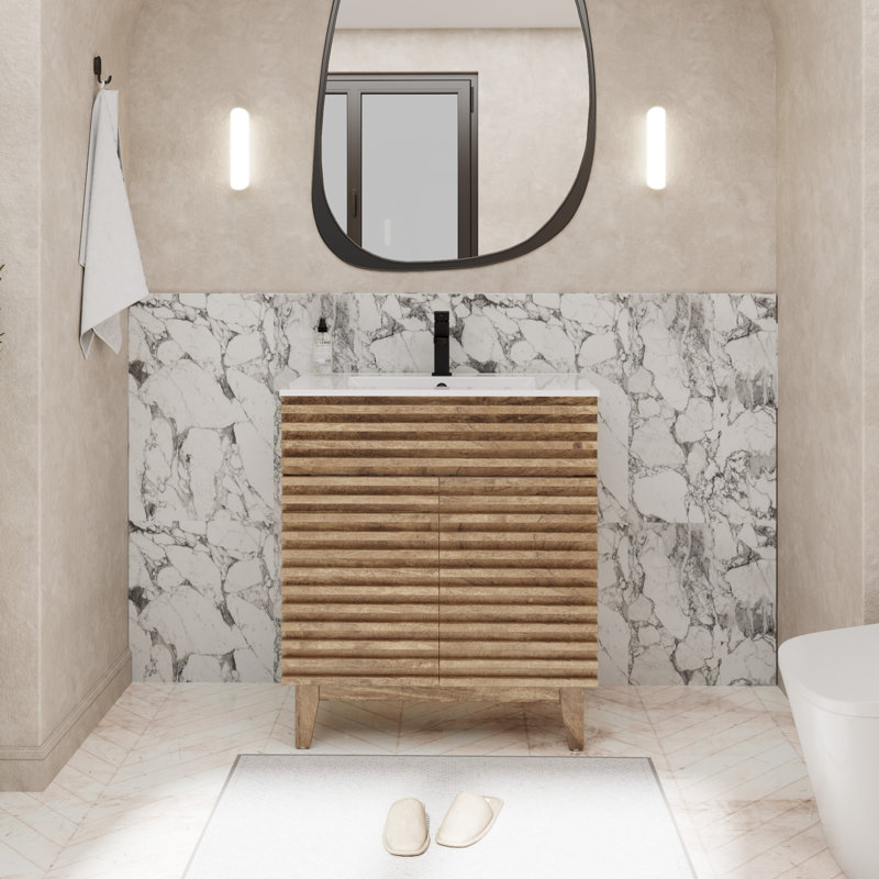 Ensemble de meuble-lavabo simple autoportant 30 po avec lavabo, robinet en alliage de zinc Jadaya Sharee, Brun