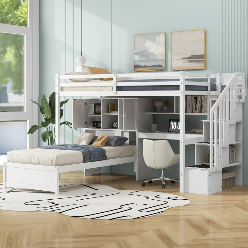 L-Shape Bunk Bed With Desk and Storage System, White