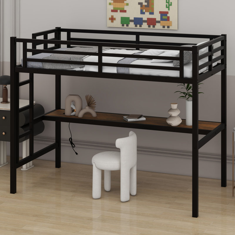 Metal Loft Bed With Power Outlet And LED Lighted, Space-Saving