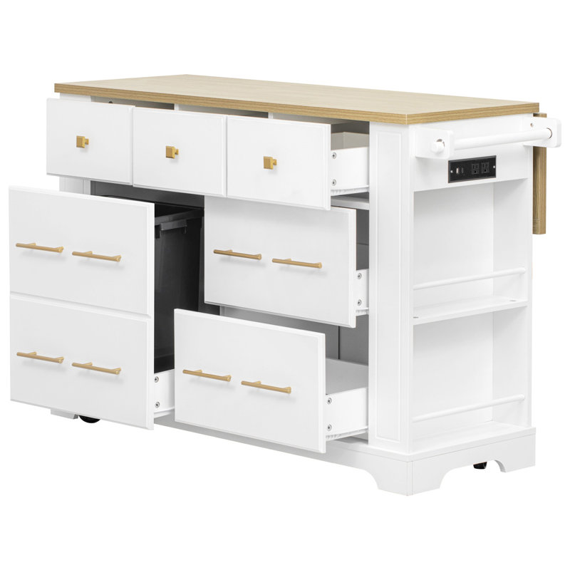 Îlot de cuisine avec 6 tiroirs, rangement pour poubelle coulissante, îlot de cuisine sur roulettes à 5 roulettes avec abattant, prise de courant, 5 tablettes latérales ouvertes pour la cuisine, la salle à manger