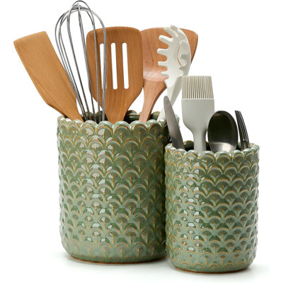 Large 7.5-inch+6.2-inch petal ceramic tableware, countertop with utensil holder with cork pad, utensil storage for bucket, kitchen decoration, set of 2 pieces - green