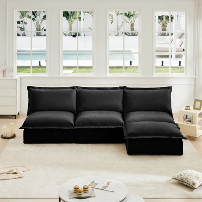 Slipcovered 3 Seater Armless Modern Upholstered Modular Armless Sectional With Reversible Ottoman,Sectional Sofa Couch Armless Sofa Couch Free Combination, Chenille Fabric, Black