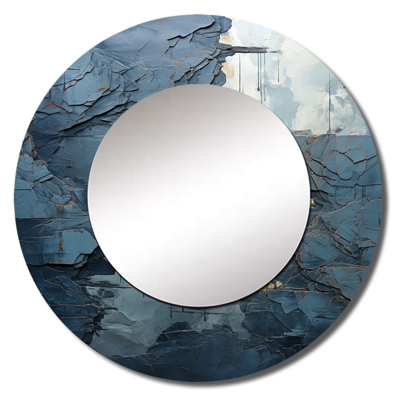 «Blue and White River Embrace», peinture abstraite, miroir mural unique, miroir rond moderne, impression sur métal