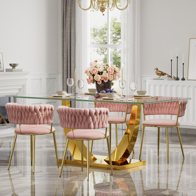 Ensemble de salle à manger à piédestal rectangulaire avec chaise de salle à manger en velours Modern Weaven, Table, 4 chaises