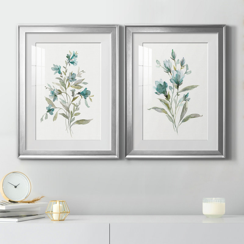 Linen Botanical III - ensemble de 2 reproductions d'art, H 22,5 po x l 61 po x P 1,5 po, Papier avec cadre argenté, Blanc
