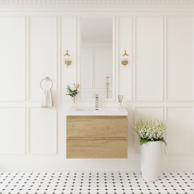 Meuble-lavabo mural 30 po avec lavabo, meuble de rangement mural avec cuve à surface solide et tiroirs à fermeture en douceur entièrement assemblés, chêne naturel