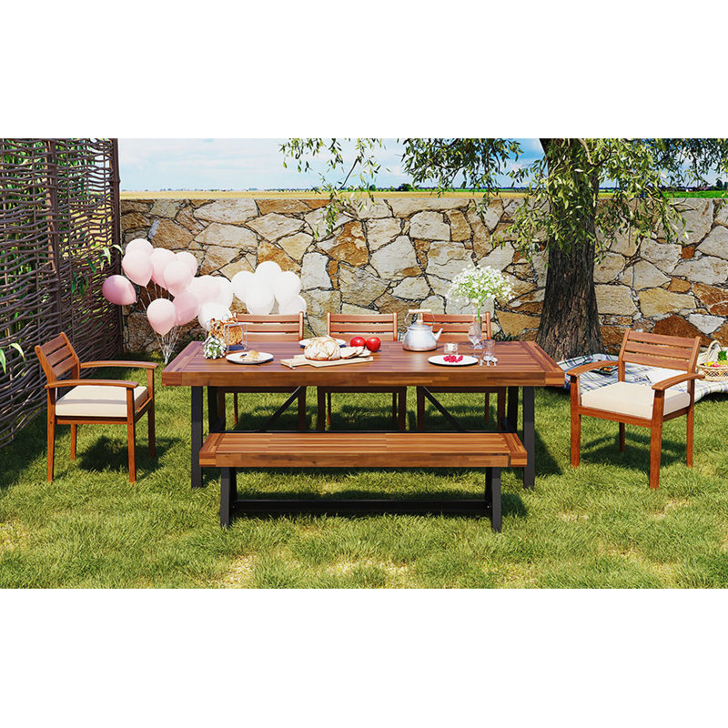 Ensemble repas d'extérieur en bois pour 7 à 8 personnes, meubles de salle à manger d'extérieur avec coussins amovibles, chaises et banc ergonomiques, table plus épaisse