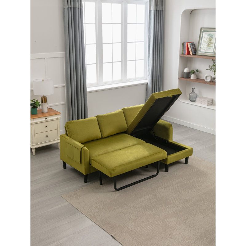Ermon Upholstered Sofa Reversible Sectional Sleeper with Storage Chaise, Side Pocket, Olive Polyester