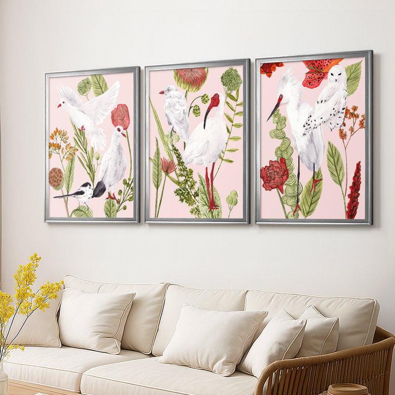 Birds in Motion I - Toile tendue avec châssis sur mesure - 3 pièces, Argent argent, H 21 po x l 30 po