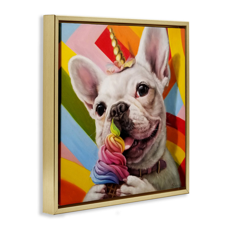 «French Bulldog Ice Cream Grain» par Lucia Heffernan, Cadre flottant métallique doré, H 25 po x l 25 po