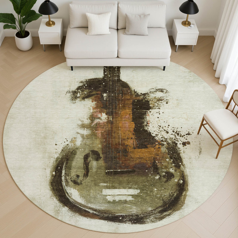 Premium Machine Washable Mayfield AMF2091 Music Rug, 8' Round, Brown