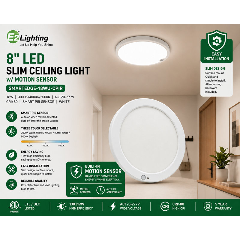 Plafonnier DEL ultraplat E2 Lighting de 20 cm (8 po) avec détecteur de mouvement PIR intelligent, 18 W, 3 températures de couleur sélectionnables, blanc, lot de 1