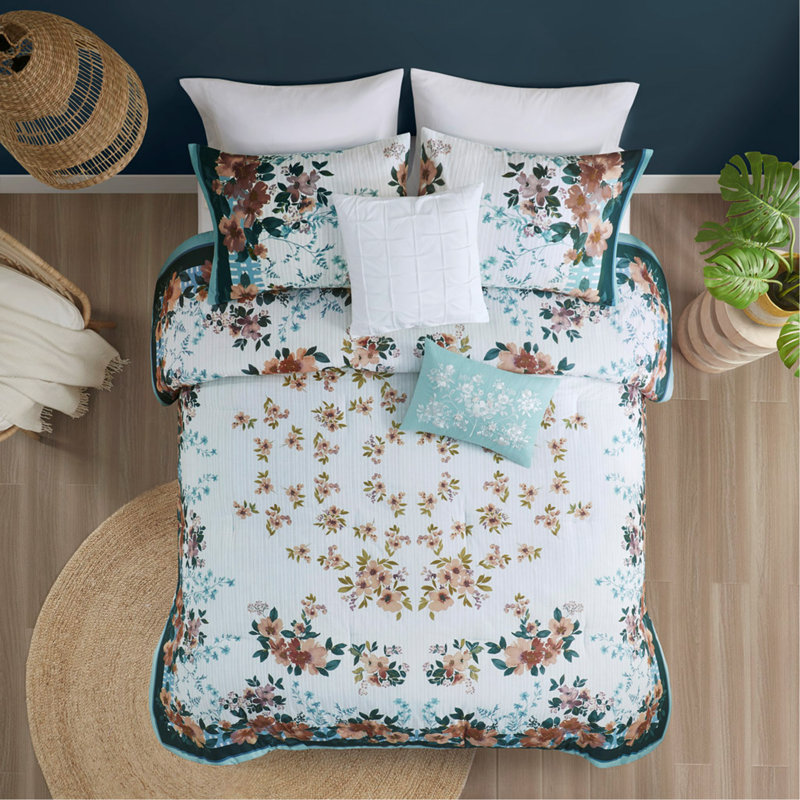 Ensemble d'édredon floral en coton 5 pièces très grand avec californien, Édredon très grand californien et 4 pièces supp