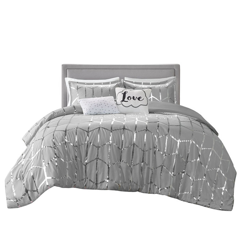 Édredon géométrique argenté à motif géométrique très grand / très grand, base grise, doux, 2 taies décoratives, coussins décoratifs, très grand avec détails, rembourrage, lavage sans javellisant