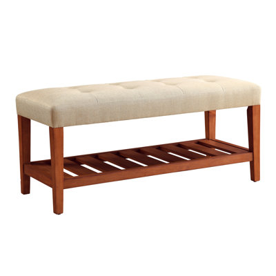 Banc de salon en tissu beige et chêne - Coussin confortable, siège de rangement organisé, tablette à lattes, durabilité à long terme