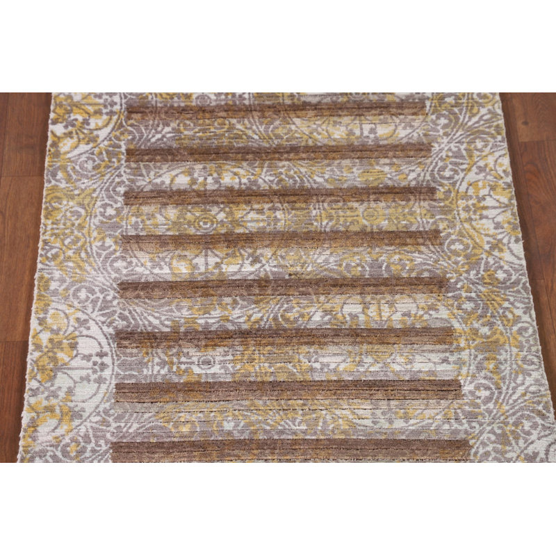 Tapis oriental rayé à motif abstrait indo 3 x 5