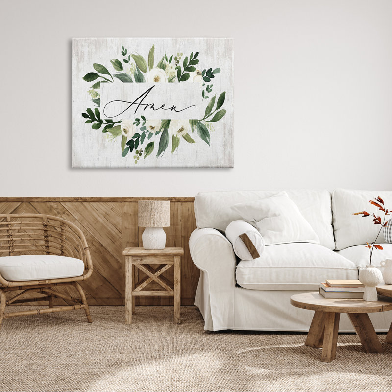 Texte de l'Amen, feuillage botanique vert, fleurs blanches et patiné - impression, H 36 po x l 48 po x P 1,5 po, Toile tendue