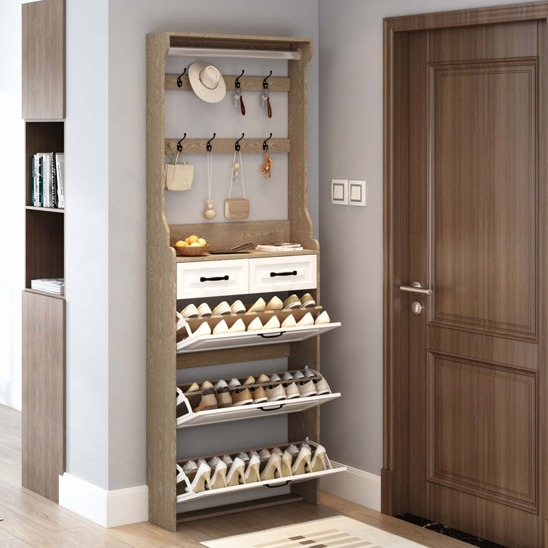 Range-chaussures avec 3 portes et 2 tiroirs avec support, grand espace de rangement, Natural/White