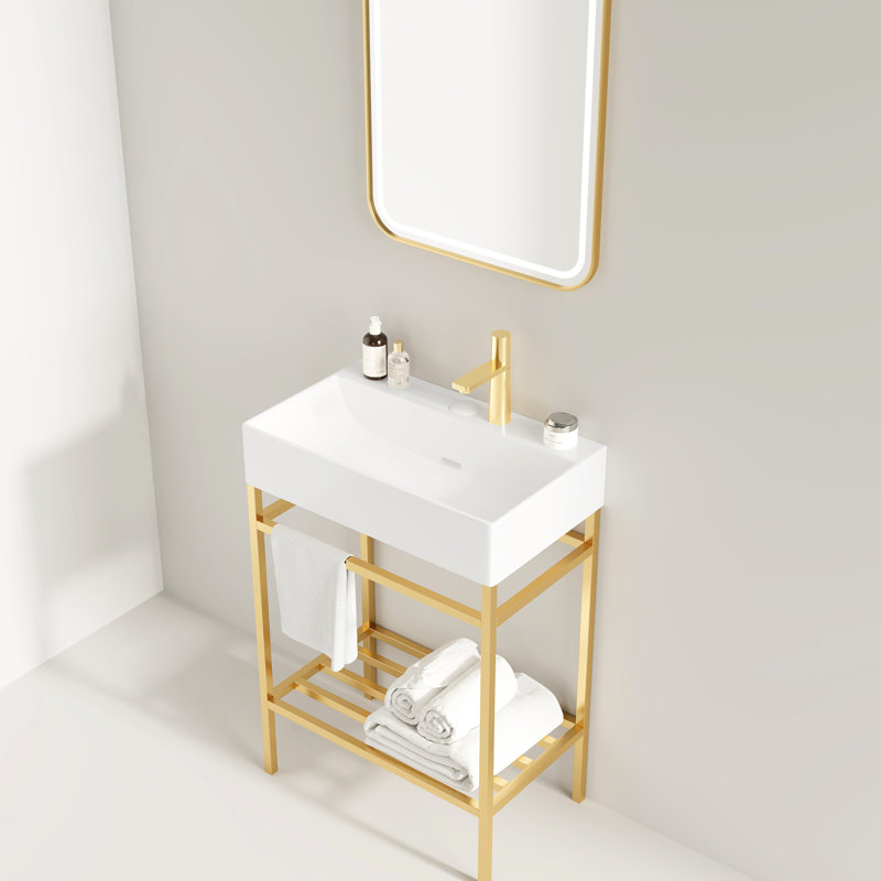 Meuble-lavabo de salle de bain en céramique 24 po rectangulaire, blanc brillant, console autoportante, pieds en métal, or, tablettes de rangement avec console de lavabo, option