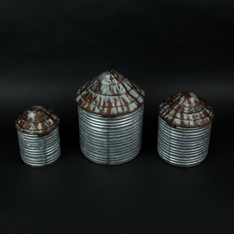 Set of 3 Grey Galvanized Metal Farmhouse Silo Canisters