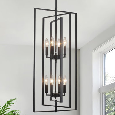 Lustre 8 lumières de style campagnard pour hauts plafonds, lanterne industrielle rustique à hauteur réglable pour hall d'entrée, salon, cuisine, escalier