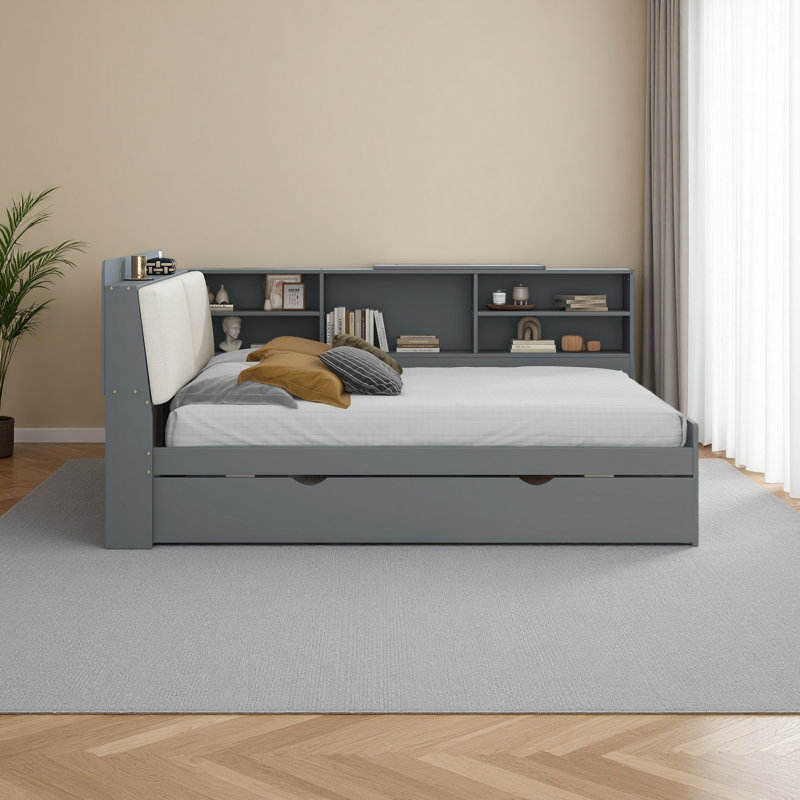 Lit plateforme en bois avec lit gigogne, tablettes et tête de lit, Gris