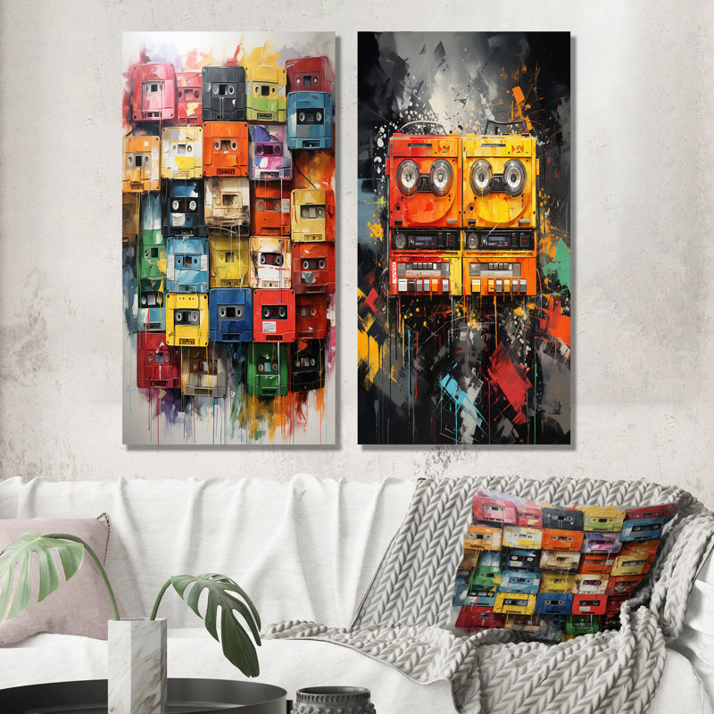 Pop Art Cassette Tapes Melody I - Cassette Tapes Wall Art Prints Ensemble de 2, Toile tendue, H 28 po x l 25 po