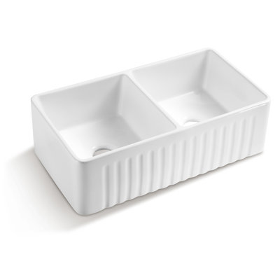 Évier de cuisine en céramique blanche - l 17,71 po x H 9,9 po x P 32,09 po, 93 lb, encastré, rayé et teint, style D H, finition glacis