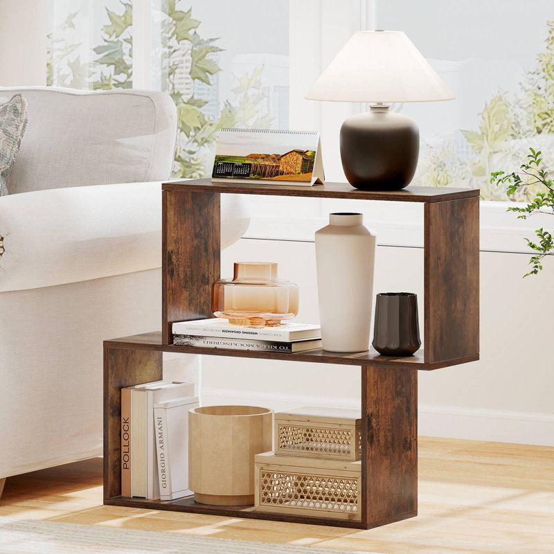 3-Tier Geometric Bookshelf, Freestanding Wooden Bookcase w/ 2 Cubic Compartments