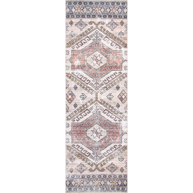 Otis Medallion Machine Washable Area Rug for Living Room Bedroom Dining Room Kitchen, Peach/Ivory, Runner 2'6" x 6'