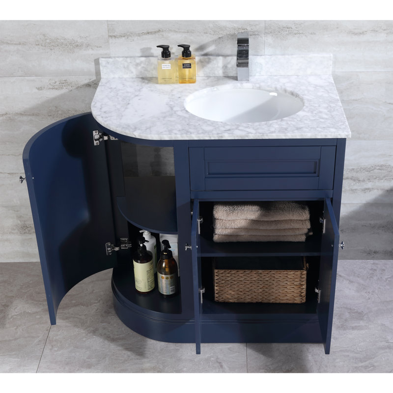 Ensemble de meuble-lavabo simple 36 po avec plateau Mirhan, Blanc de Carrare, Bleu marine