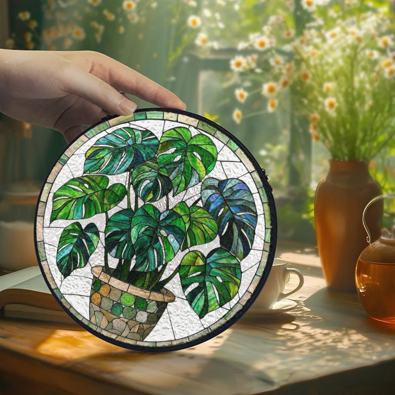 Pot en mosaïque Monstera, panneaux de vitrail, attrape-soleil pour la décoration de fenêtre, 9,8 x 9,8 po (25 x 25 cm)
