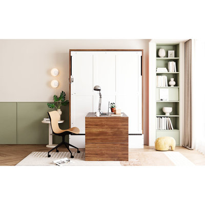 Lit de bureau pliable pleine grandeur, esthétique bicolore noyer et blanc, parfait pour les bureaux à domicile et les petits espaces, surface murale facile à utiliser avec fonction, style et idéal urbain contemporain