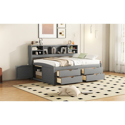 Lit de jour de taille grise avec armoires de chevet et 4 tiroirs, tablettes supérieures -, option de chambre à coucher polyvalente, 2 armoires complètes, configuration de tablette pratique