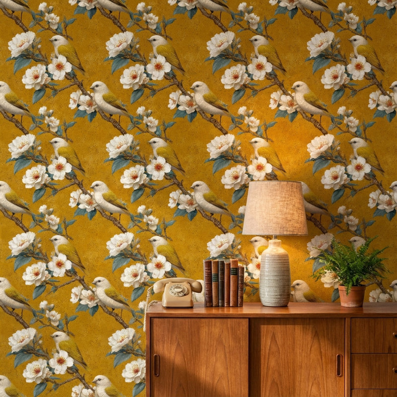 Papier peint floral avec oiseaux