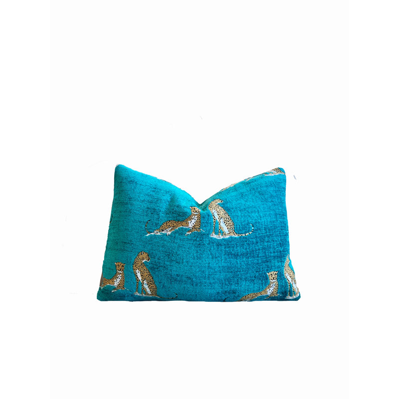 Chenille Embroidered Cheetah Lumbar Pillow Cover, Aqua
