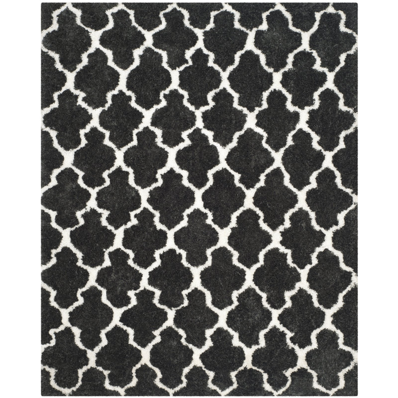 Tapis à poils longs en coton / polyester noir / ivoire, Rectangle 8 pi x 10 pi